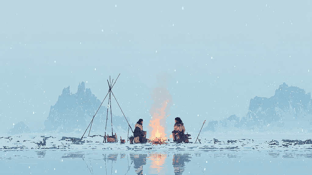 Illustration of people by a fire in the Ice Age